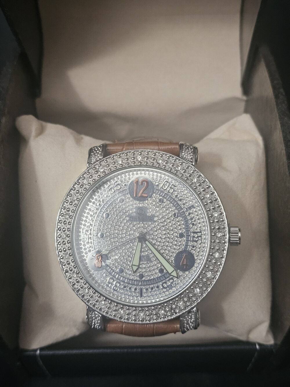 52.9mm Fashion crystal bezel Analog Quartz watch w/ brown Leather Band